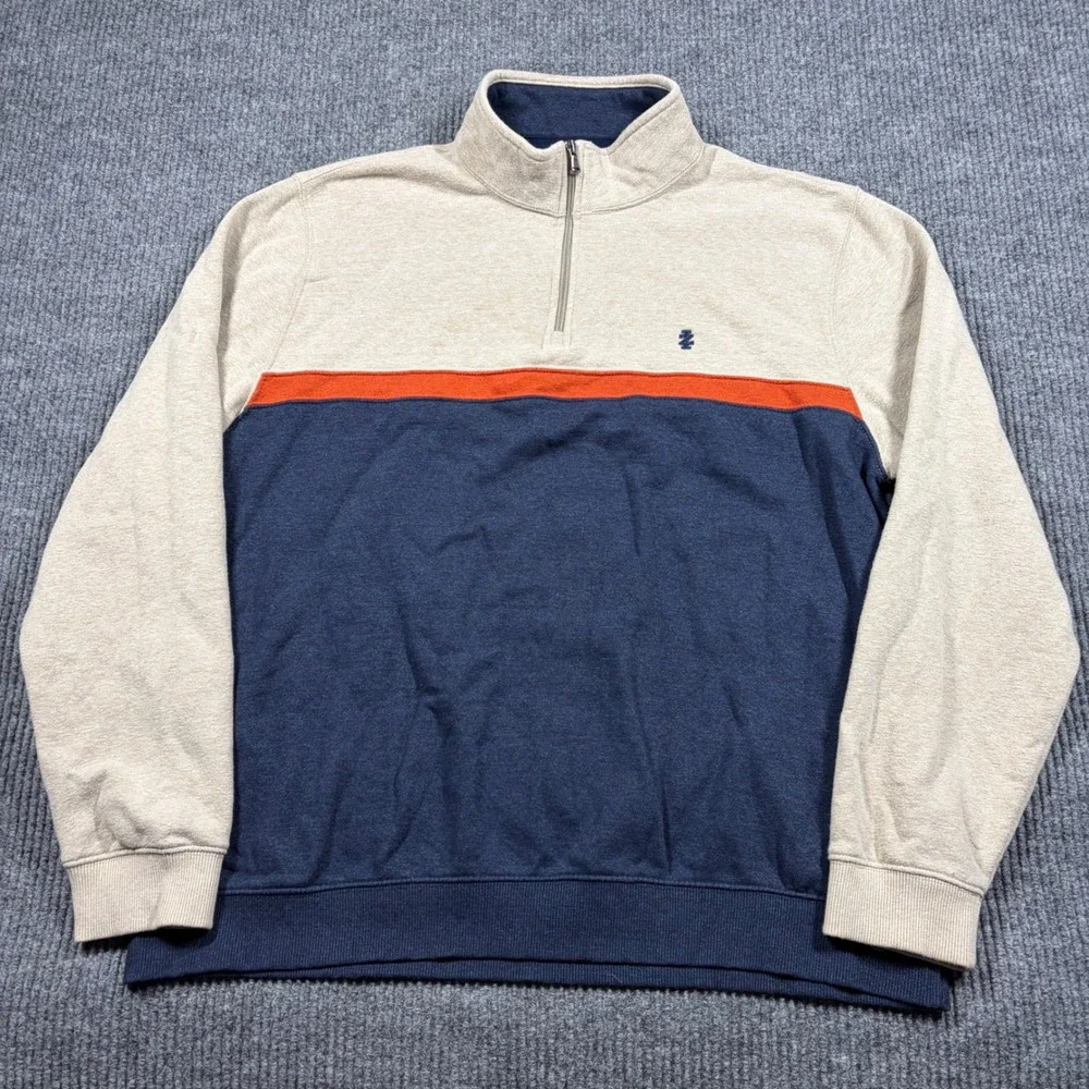 IZOD Pullover Mens XXL Advantage Performance Quarter Zip Blue Tan Orange Stripe